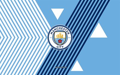 manchester city fc logosu, 4k, ingiliz futbol takımı, mavi beyaz çizgiler arka plan, manchester city fc, premier lig, ingiltere, hat sanatı, manchester city fc amblemi, futbol, manchester city