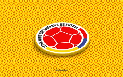 4k, kolumbian jalkapallomaajoukkueen isometrinen logo, 3d taidetta, isometrinen taide, kolumbian jalkapallomaajoukkue, keltainen tausta, kolumbia, jalkapallo, isometrinen tunnus