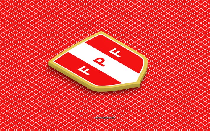 4k, logo isométrico da seleção nacional de futebol do peru, arte 3d, arte isométrica, seleção peruana de futebol, fundo vermelho, peru, futebol, emblema isométrico