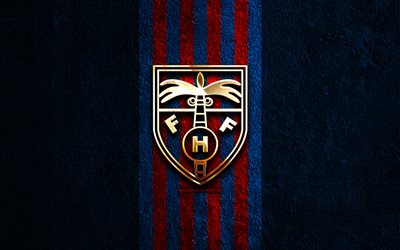 サッカー ハイチ代表チームのゴールデン ロゴ, 4k, 青い石の背景, コンカカフェ, 代表チーム, サッカー ハイチ代表チームのロゴ, サッカー, ハイチのサッカー チーム, フットボール, サッカー ハイチ代表