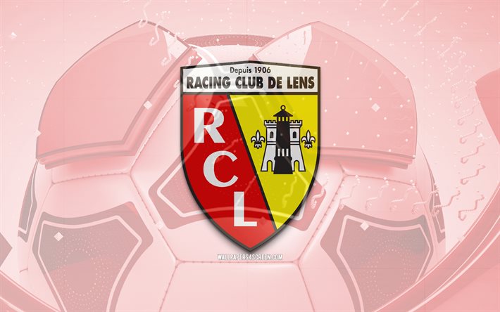 rc レンズの光沢のあるロゴ, 4k, 赤いサッカーの背景, リーグ・アン, サッカー, フランスのサッカークラブ, rc レンズ 3d ロゴ, rcレンズエンブレム, レンズfc, フットボール, スポーツのロゴ, rcレンズ