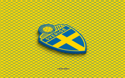 4k, isometrisches logo der schwedischen fußballnationalmannschaft, 3d kunst, isometrische kunst, schwedische fußballnationalmannschaft, gelber hintergrund, schweden, fußball, isometrisches emblem