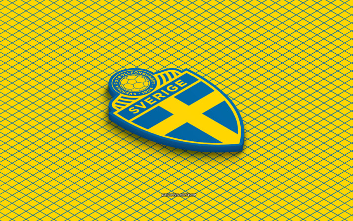 4k, logo isométrico da seleção nacional de futebol da suécia, arte 3d, arte isométrica, seleção sueca de futebol, fundo amarelo, suécia, futebol, emblema isométrico