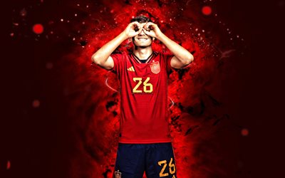 Pedri, 4k, red neon lights, Spain National Football Team, soccer, footballers, red abstract background, spanish football team, Pedri 4K