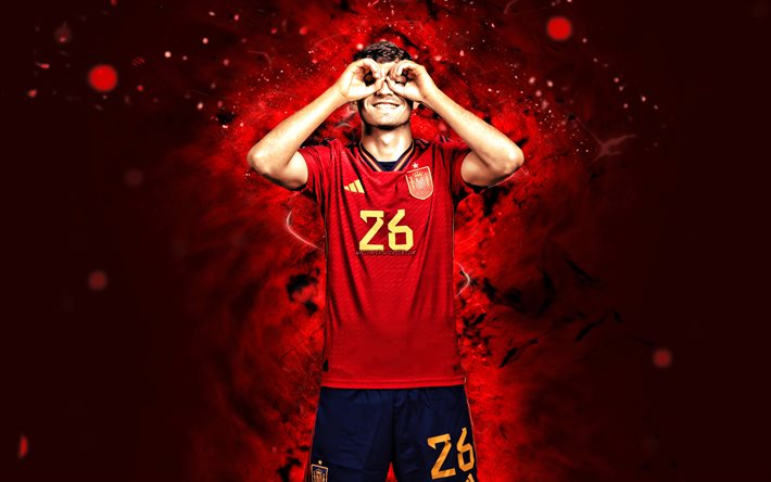 pedri, 4k, röda neonljus, spaniens fotbollslandslag, fotboll, fotbollsspelare, röd abstrakt bakgrund, spanska fotbollslaget, pedri 4k
