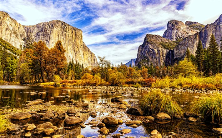 منتزه يوسمايت الوطني, 4k, hdr, خريف, الوادي, الجبال, نهر, كاليفورنيا, أمريكا, طبيعة جميلة, المعالم الأمريكية, الولايات المتحدة الأمريكية