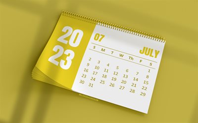 julikalender 2023, 4k, gul skrivbordskalender, 3d konst, gula bakgrunder, juli, 2023 kalendrar, sommarkalendrar, juli 2023 kalender, 2023 verksamhet juli kalender, julikalendern 2023, 2023 skrivbordskalendrar
