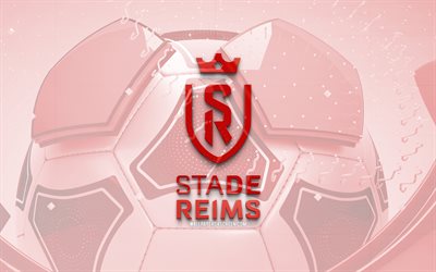 Stade de Reims glossy logo, 4K, red football background, Ligue 1, soccer, french football club, Stade de Reims 3D logo, Stade de Reims emblem, Reims FC, football, sports logo, Stade de Reims