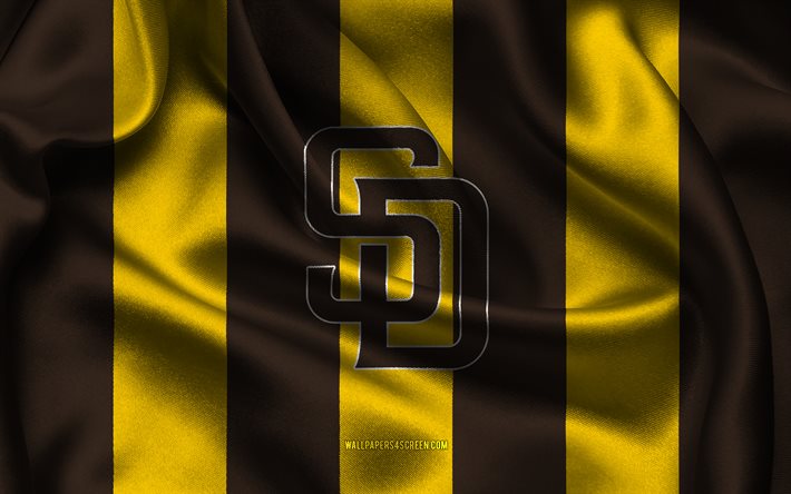 4k, شعار سان دييغو بادريس, نسيج الحرير الأصفر البني, فريق البيسبول الأمريكي, mlb, سان دييغو بادريس, الولايات المتحدة الأمريكية, البيسبول, علم سان دييغو بادريس, بطولة البيسبول الكبرى