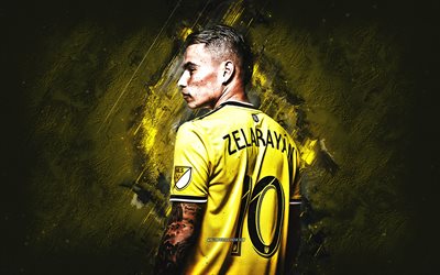Lucas Zelarayan, Columbus Crew, portrait, MLS, Armenian football player, midfielder, USA, football, yellow stone background, Columbus Crew SC