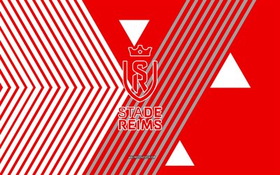 Stade de Reims logo, 4k, French football team, red white lines background, Stade de Reims, Ligue 1, France, line art, Stade de Reims emblem, football, Reims FC