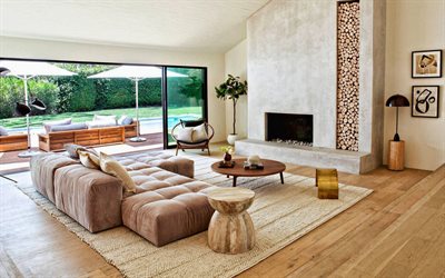 soggiorno, casa di campagna, elegante design degli interni, stile loft, camino in soggiorno, camino in cemento grigio, design d'interni moderno