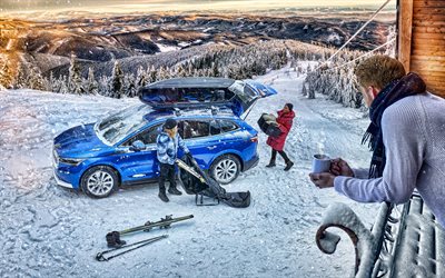 2023, Skoda Enyaq iV, 4k, top view, electric crossover, blue Skoda Enyaq, electric Enyaq, winter, winter driving, downhill skiing, czech cars, Skoda