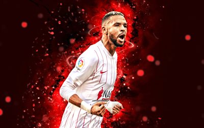 youssef en nesyri, 4k, röda neonljus, sevilla fc, la liga, fotboll, marockanska fotbollsspelare, youssef en nesyri 4k, röd abstrakt bakgrund, youssef en nesyri sevilla