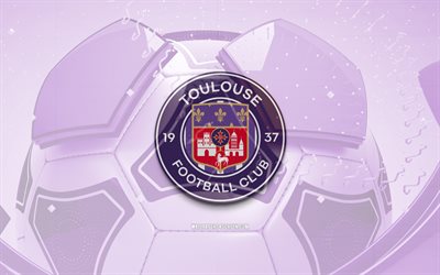 glänzendes logo toulouse fc, 4k, violetter fußballhintergrund, liga 1, fußball, französischer fußballverein, toulouse fc 3d logo, toulouse fc emblem, fc toulouse, sport logo