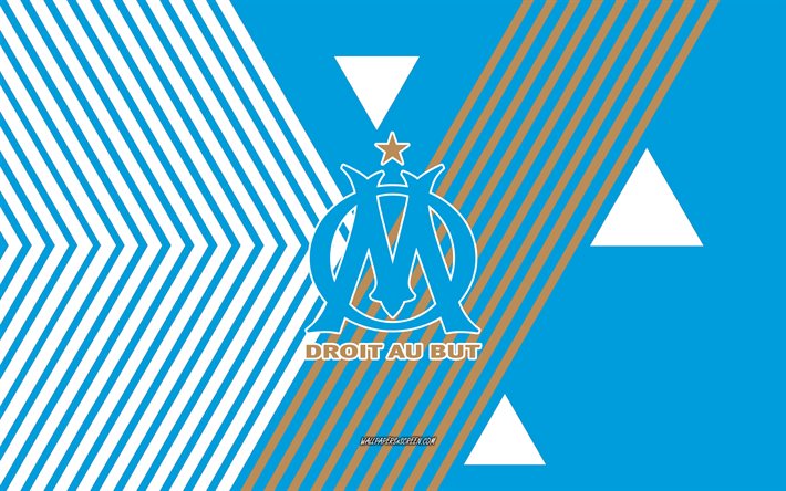 olympique de marseille logo, 4k, französische fußballmannschaft, blaue weiße linien hintergrund, olympique de marseille, liga 1, frankreich, strichzeichnungen, olympique de marseille emblem, fußball, marseille