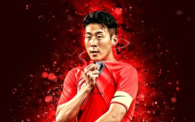 Son Heung-Min, 4k, red neon lights, South Korea National Football Team, soccer, footballers, red abstract background, South Korean football team, Son Heung-Min 4K