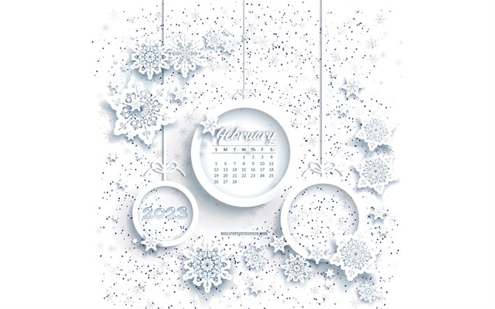 calendario febbraio 2023, 4k, sfondo bianco invernale, sfondo di fiocchi di neve bianchi, modello invernale, calendari 2023, febbraio, calendari invernali, sfondo con fiocchi di neve bianchi