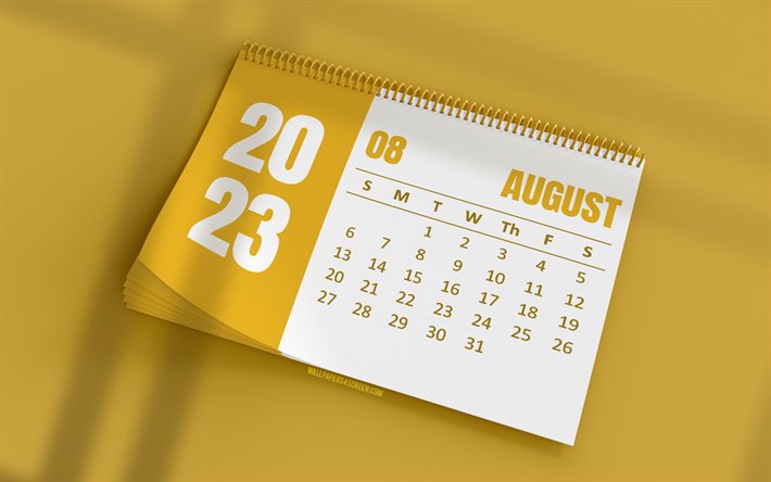 calendario agosto 2023, 4k, calendario de escritorio amarillo, arte 3d, fondos amarillos, agosto, calendarios 2023, calendarios de verano, calendario comercial de agosto de 2023, calendarios de escritorio 2023