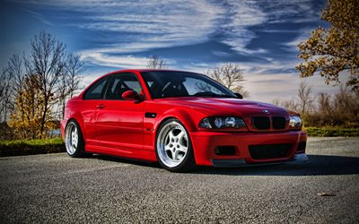 4k, BMW M3, road, 2004 cars, E46, lowriders, supercars, HDR, tuning, 2004 BMW M3, Red BMW M3, BMW E46, german cars, BMW