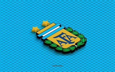 4k, logo isometrico della nazionale di calcio argentina, arte 3d, arte isometrica, nazionale di calcio dell'argentina, sfondo blu, argentina, calcio, emblema isometrico