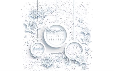 calendrier décembre 2023, 4k, fond d'hiver blanc, fond de flocons de neige blancs, modèle d'hiver, calendriers 2023, décembre, calendriers d'hiver, fond avec des flocons de neige blancs