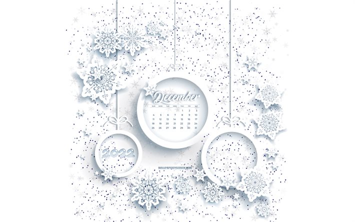 calendario dicembre 2023, 4k, sfondo bianco invernale, sfondo di fiocchi di neve bianchi, modello invernale, calendari 2023, dicembre, calendari invernali, sfondo con fiocchi di neve bianchi