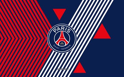 شعار psg, 4k, فريق كرة القدم الفرنسي, شعار باريس سان جيرمان, أحمر أزرق خطوط الخلفية, باريس سان جيرمان, الدوري الفرنسي 1, فرنسا, فن الخط, كرة القدم