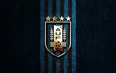 uruguays fotbollslandslags gyllene logotyp, 4k, blå sten bakgrund, conmebol, landslag, uruguays fotbollslandslags logotyp, fotboll, uruguays fotbollslag, uruguays fotbollslandslag