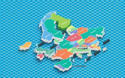 mapa isométrico da europa, 4k, mapa político da europa, arte isométrica, arte 3d, mapa 3d da europa, países europeus, mapa da europa