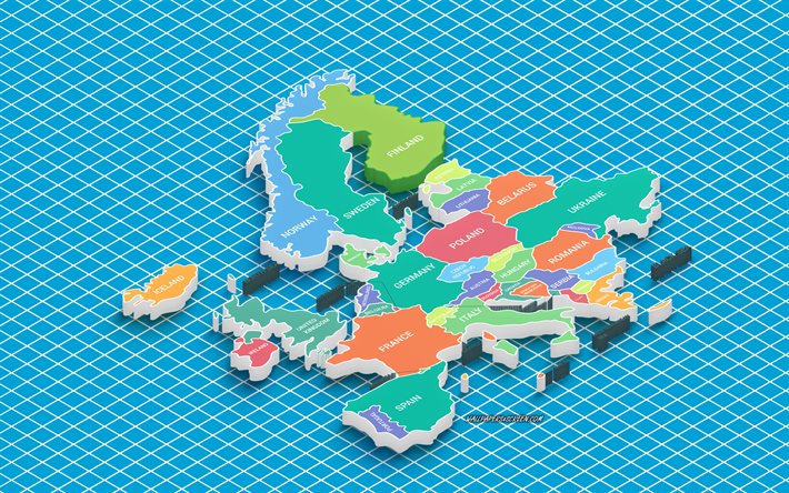 متساوي القياس خريطة أوروبا, 4k, الخريطة السياسية لأوروبا, الفن متساوي القياس, فن ثلاثي الأبعاد, 3d خريطة أوروبا, الدول الأوروبية, خريطة اوروبا, خريطة متساوي القياس في أوروبا