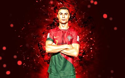 4k, Cristiano Ronaldo, new uniform, 2022, Portugal National Football Team, red neon lights, white uniform, CR7, soccer, footballers, red abstract background, Portuguese football team, Cristiano Ronaldo 4K