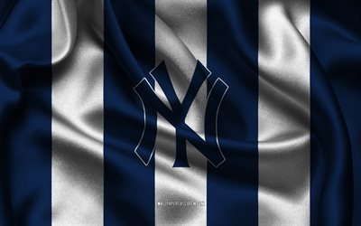4k, logo des yankees de new york, tissu de soie bleu blanc, équipe américaine de base ball, emblème des yankees de new york, mlb, yankees de new york, etats unis, base ball, drapeau des yankees de new york, ligue majeure de baseball