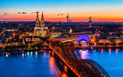 쾰른 대성당, 4k, hohenzollern bridge, 일몰, 스카이 라인 도시, 쾰른, 독일 도시, 독일, 유럽, hdr, coologne cityscape