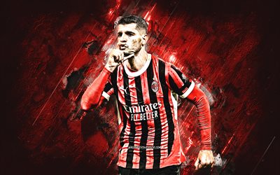 alvaro morata, ac milan, ispanyol futbolcu, grunge art, kırmızı taş arka plan, serie a, italya, futbol