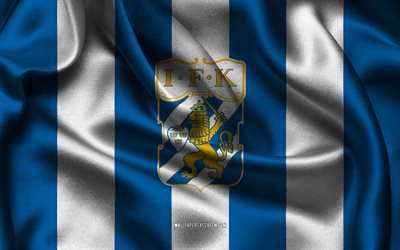 4k, ifk goteborgのロゴ, 青い白い絹の布, スウェーデンのフットボールチーム, ifk goteborg emblem, allsvenskan, ifk goteborg, スウェーデン, フットボール, ifk goteborg flag