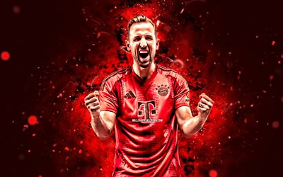 harry kane, 4k, luzes de neon vermelhas, bayern de munique fc, bundesliga, jogadores de futebol inglês, harry kane 4k, futebol, harry kane bayern de munique