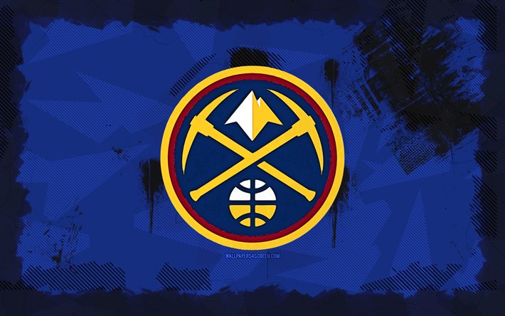 Denver Nuggets grunge logo, 4k, NBA, blue grunge background, basketball, Denver Nuggets emblem, Denver Nuggets logo, american basketball team, Denver Nuggets