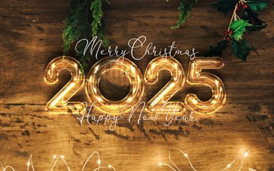 2025 bonne année, 4k, lampe de poche, chiffres 3d, 2025 chiffres en verre, coffres cadeaux, 2025 ans, œuvres d'art, 2025 concepts, 2025 contexte en bois, 2025 chiffres 3d, bonne année 2025, créatif