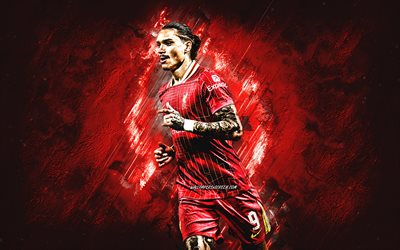 Darwin Nunez, Liverpool FC, Uruguayan football player, grunge art, red stone background, Premier League, England, football