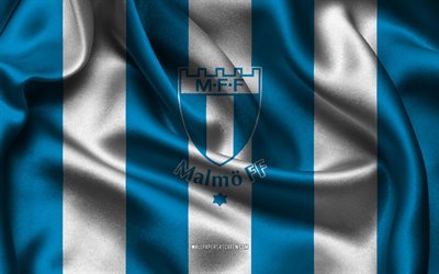 4k, malmo ff logosu, mavi beyaz ipek kumaş, isveç futbol takımı, malmo ff amblemi, allsvenskan, malmo ff, isveç, futbol, malmo ff bayrağı