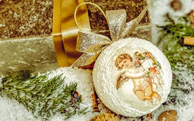 Christmas ball with angel, Merry Christmas, Happy New Year, painted angel, Christmas balls, snow, gift with golden silk bow