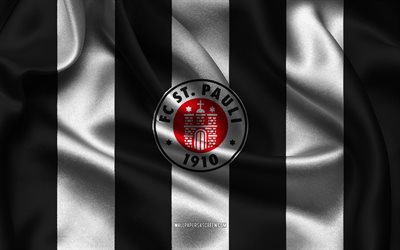 4k, FC St Pauli logo, white black silk fabric, German football team, FC St Pauli emblem, 2 Bundesliga, FC St Pauli, Germany, football, FC St Pauli flag