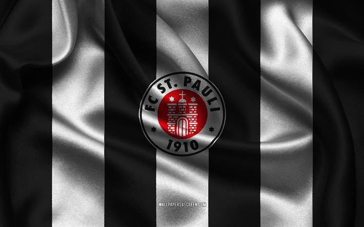 4k, fc st pauli logotyp, vitt svart sidentyg, tyska fotbollslaget, fc st pauli emblem, 2 bundesliga, fc st pauli, tyskland, fotboll, fc st pauli flagga