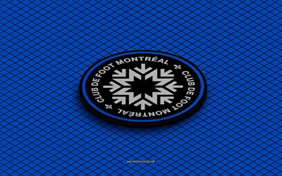 4k, cf montreal isometrisches logo, 3d kunst, kanadischer fußballverein, isometrische kunst, cf montréal, blauer hintergrund, mls, usa, fußball, isometrisches emblem, cf montreal logo