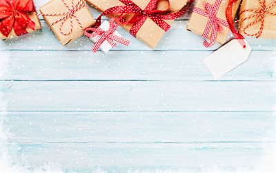 4k, coffrets cadeaux marron, fond en bois bleu, arcs rouges, bonne année, décorations de noël, noël, coffrets cadeaux cadres, cadres de noël, cadeaux de noël, coffrets cadeaux, cadeaux