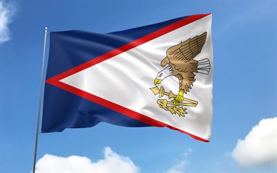 علم ساموا الأمريكية على سارية العلم, 4k, دول المحيط, السماء الزرقاء, علم ساموا الأمريكية, أعلام الساتان المتموجة, رموز ساموا الأمريكية الوطنية, سارية العلم مع الأعلام, أوقيانوسيا, ساموا الأمريكية
