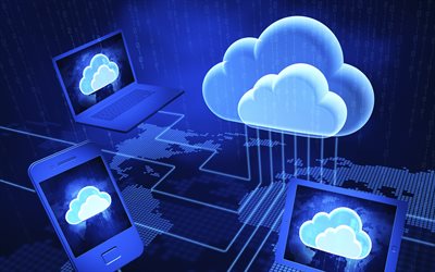 4k, servizi cloud, tecnologie cloud, cloud computing, sfondo blu nuvola digitale, topologia di rete, rete nuvola, calcolatore 3d, nuvola blu 3d, mondo digitale, tecnologie digitali