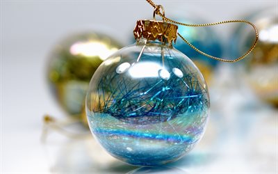 4k, bola de natal azul, bokeh, feliz natal, conceitos de natal, feliz ano novo, decorações de natal, bolas de natal