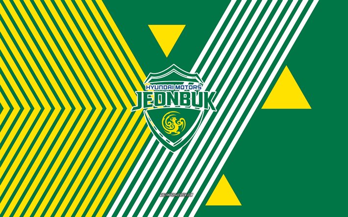 全北現代自動車のロゴ, 4k, 韓国サッカーチーム, 緑黄色の線の背景, 全北現代自動車, kリーグ1, 韓国, 線画, 全北現代自動車のエンブレム, フットボール